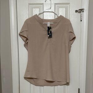 Tan Asymmetrical Polo Blouse with Cap Sleeves